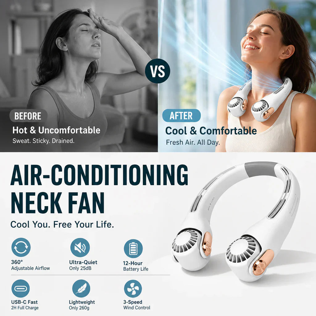 🍈2026 Portable Neck Fan,🍃💨 50% OFF! 360° rotating, 3 speeds. Hands‑free cooling,  4000mAh USB Rechargeable.